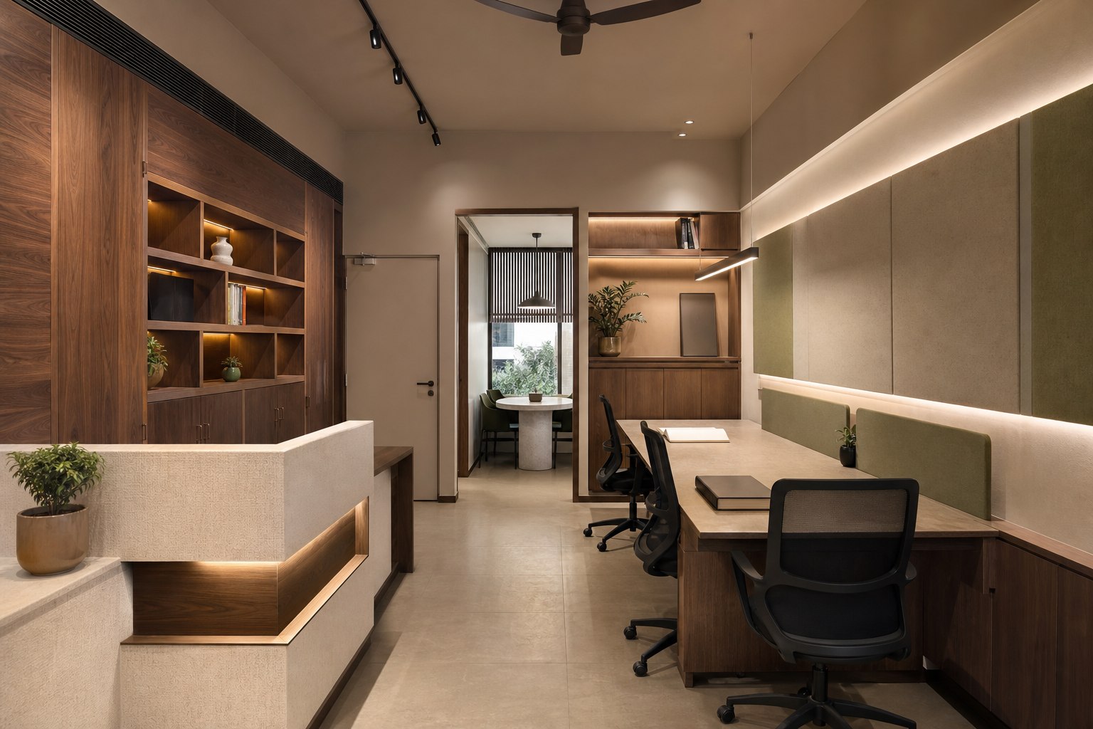 Warm compact office interior