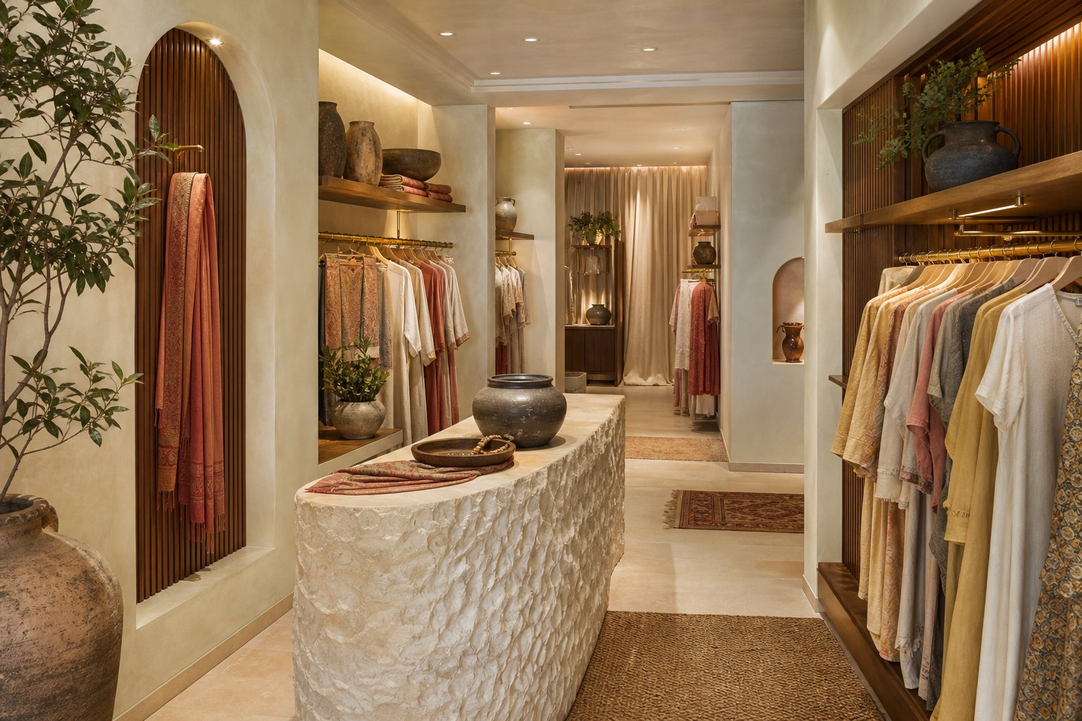 Indian artisan boutique with warm plaster, textiles and walnut displays