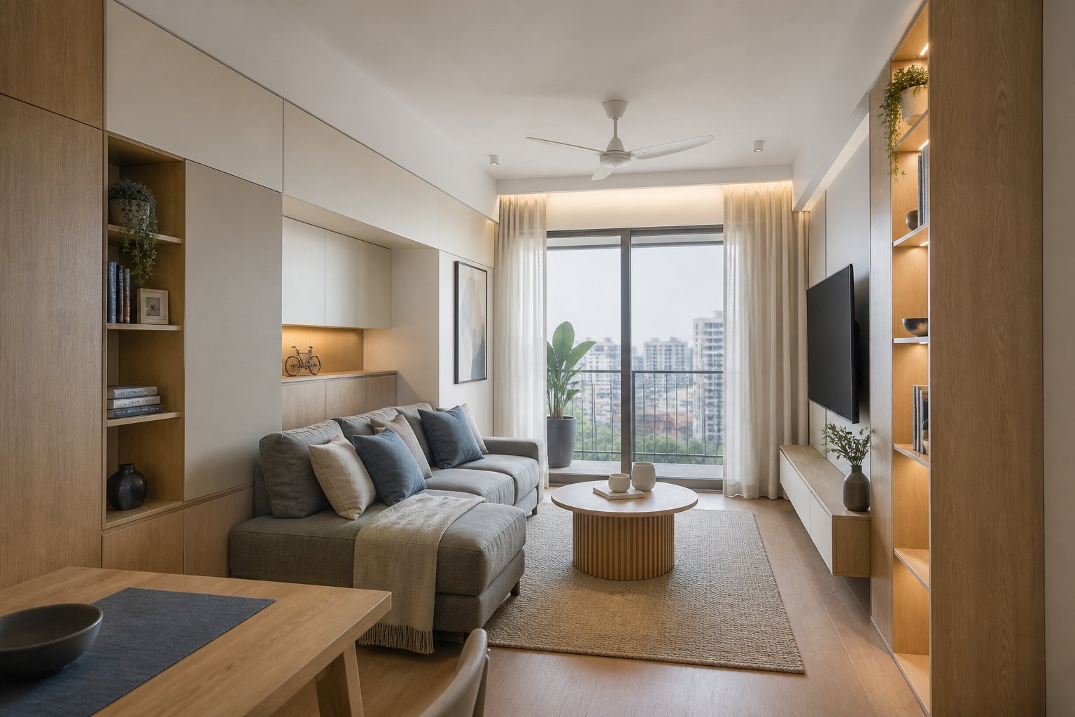 Compact living room with integrated media storage in the apartment collection