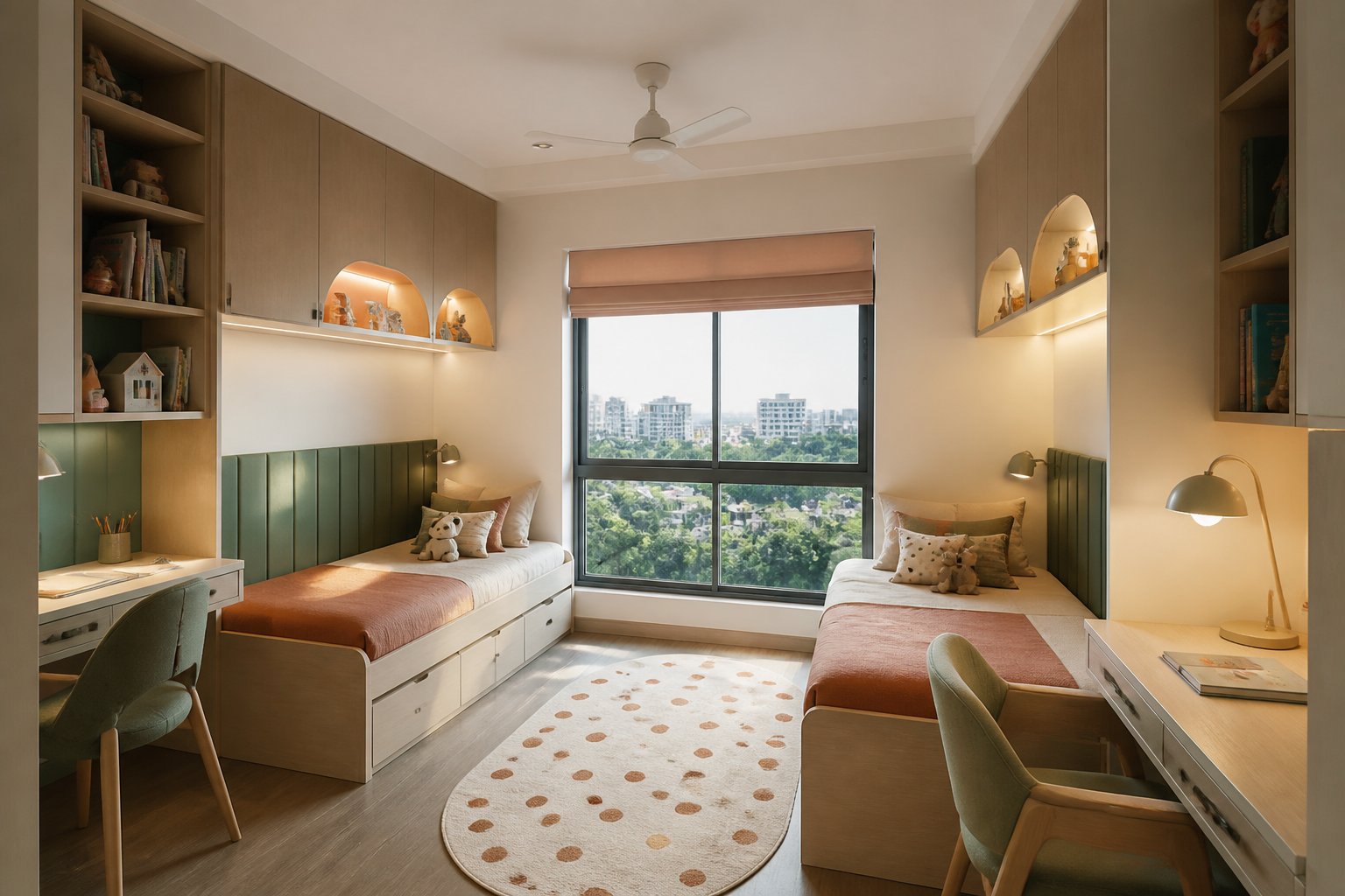 Shared children's bedroom with individual desks in the apartment collection