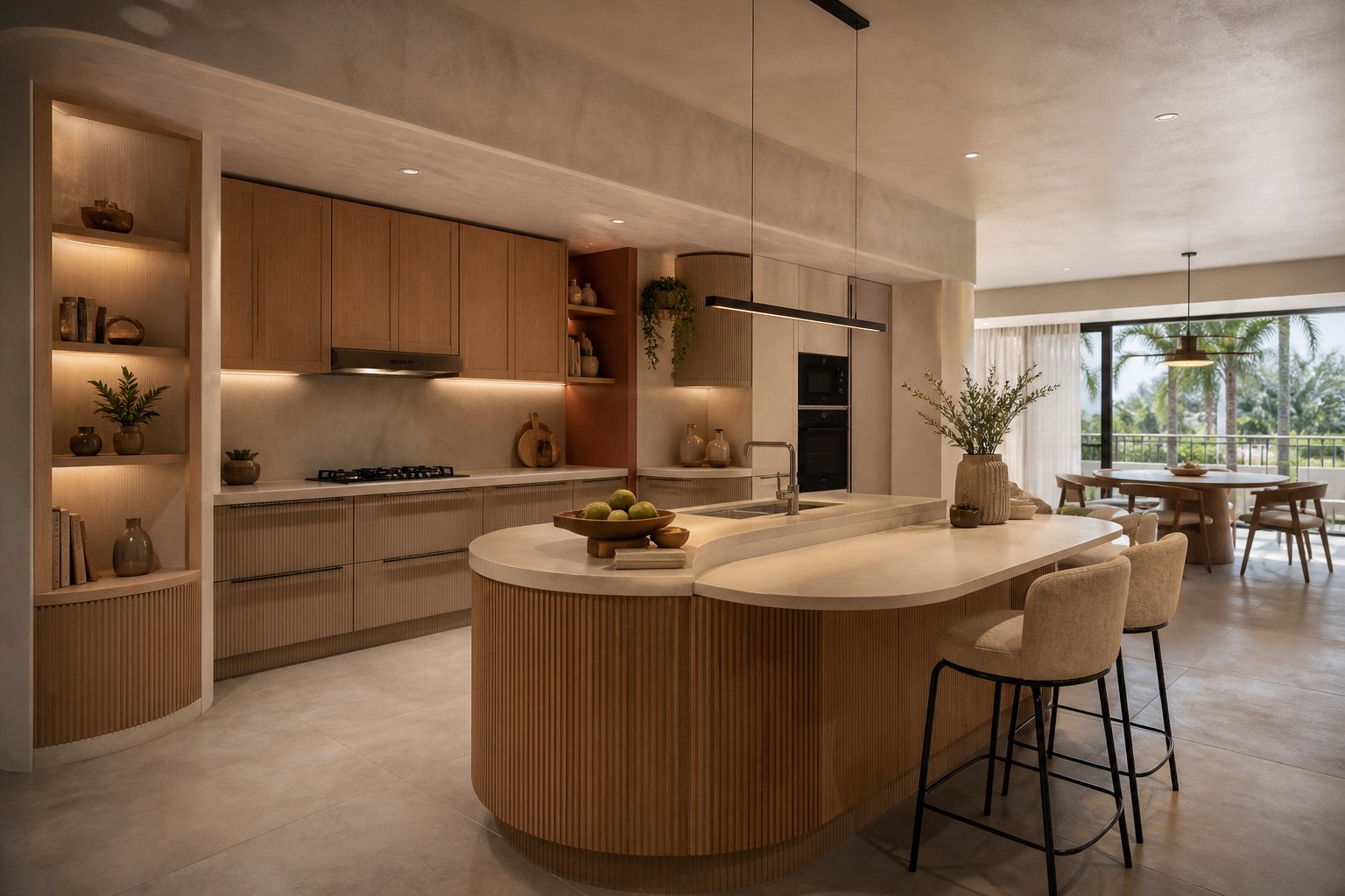 Open kitchen with a curved breakfast counter in the kitchen collection