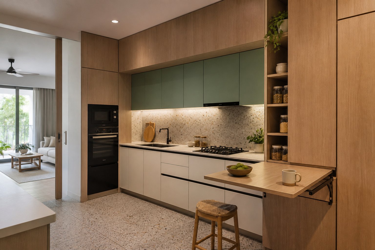 Compact apartment kitchen with a foldaway ledge in the kitchen collection