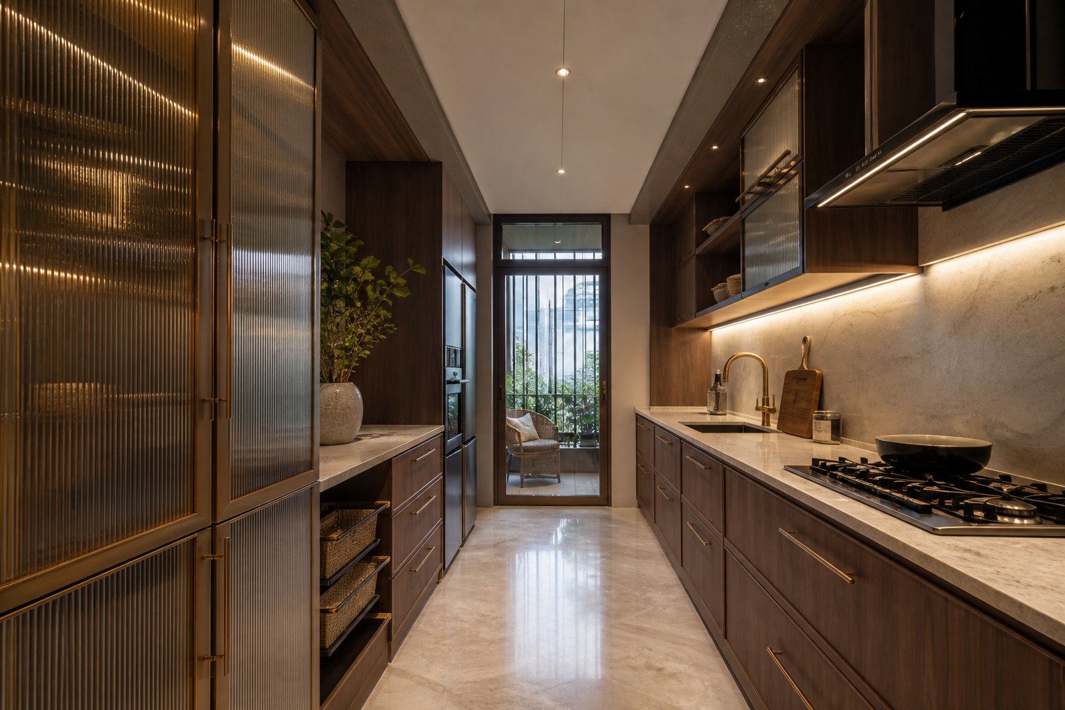 Luxury galley kitchen with a fluted glass pantry in the kitchen collection
