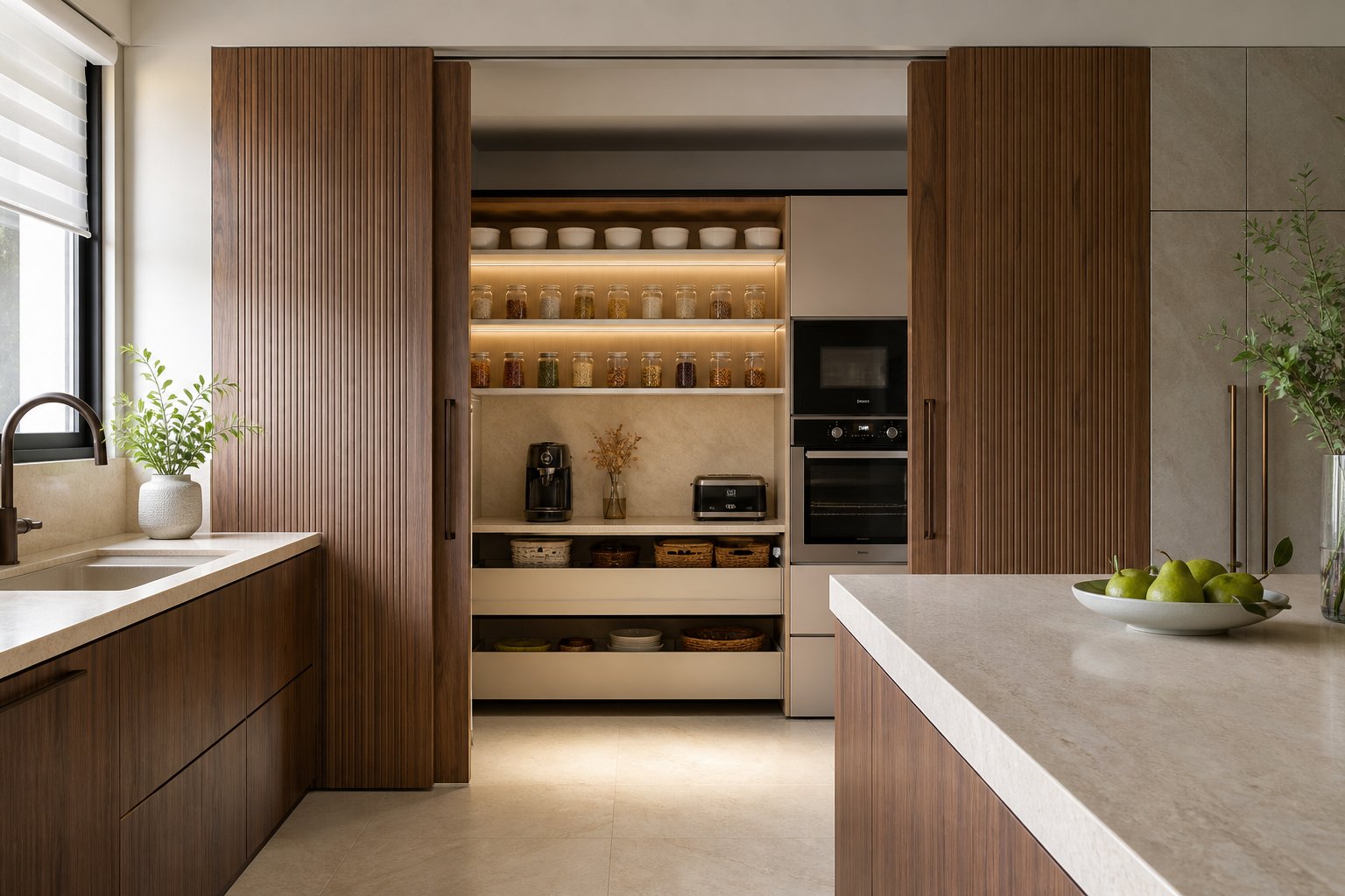 Pocket-door hidden pantry and appliance station in the kitchen collection