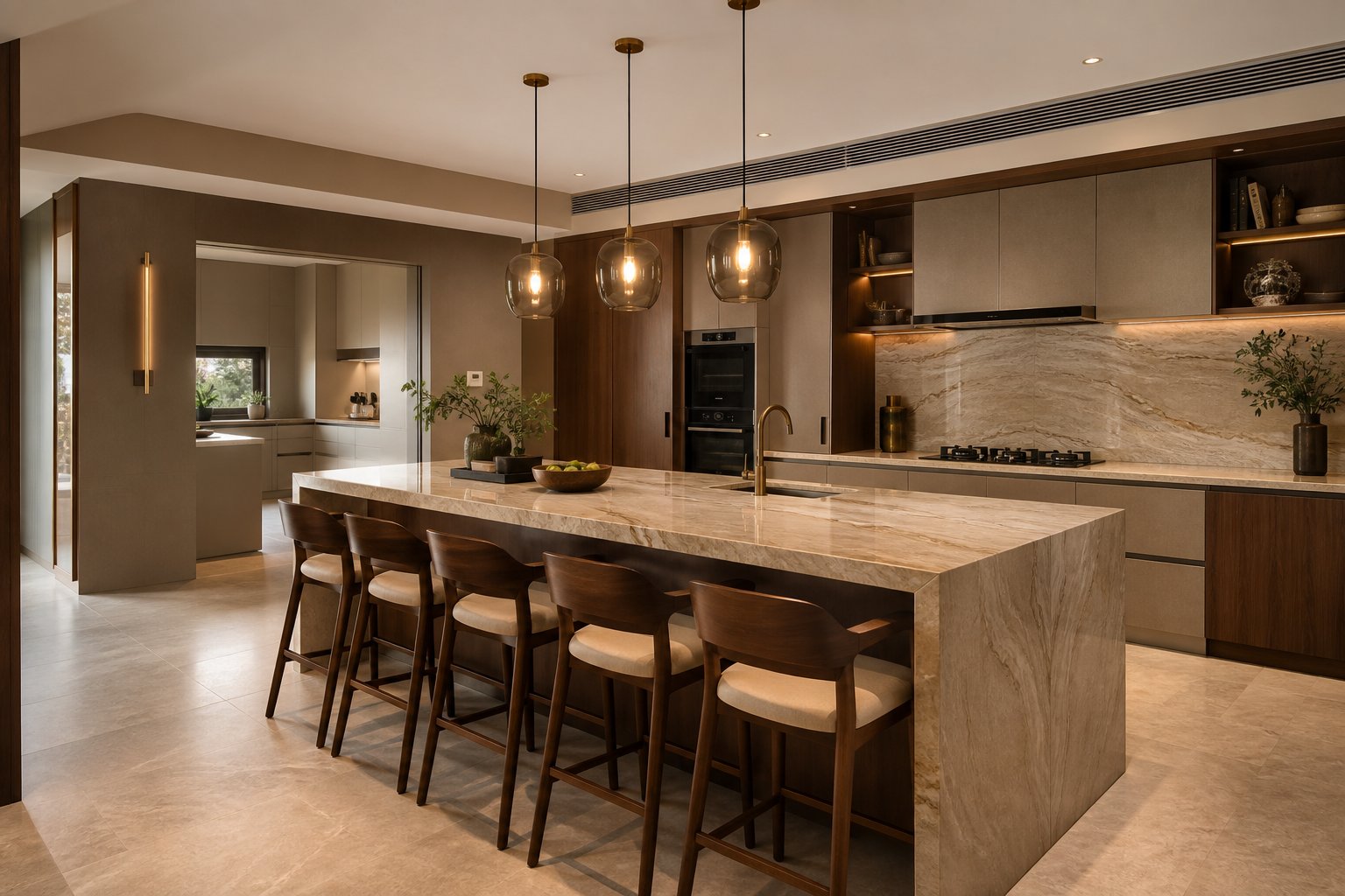 Entertaining kitchen with a sculptural stone island in the kitchen collection