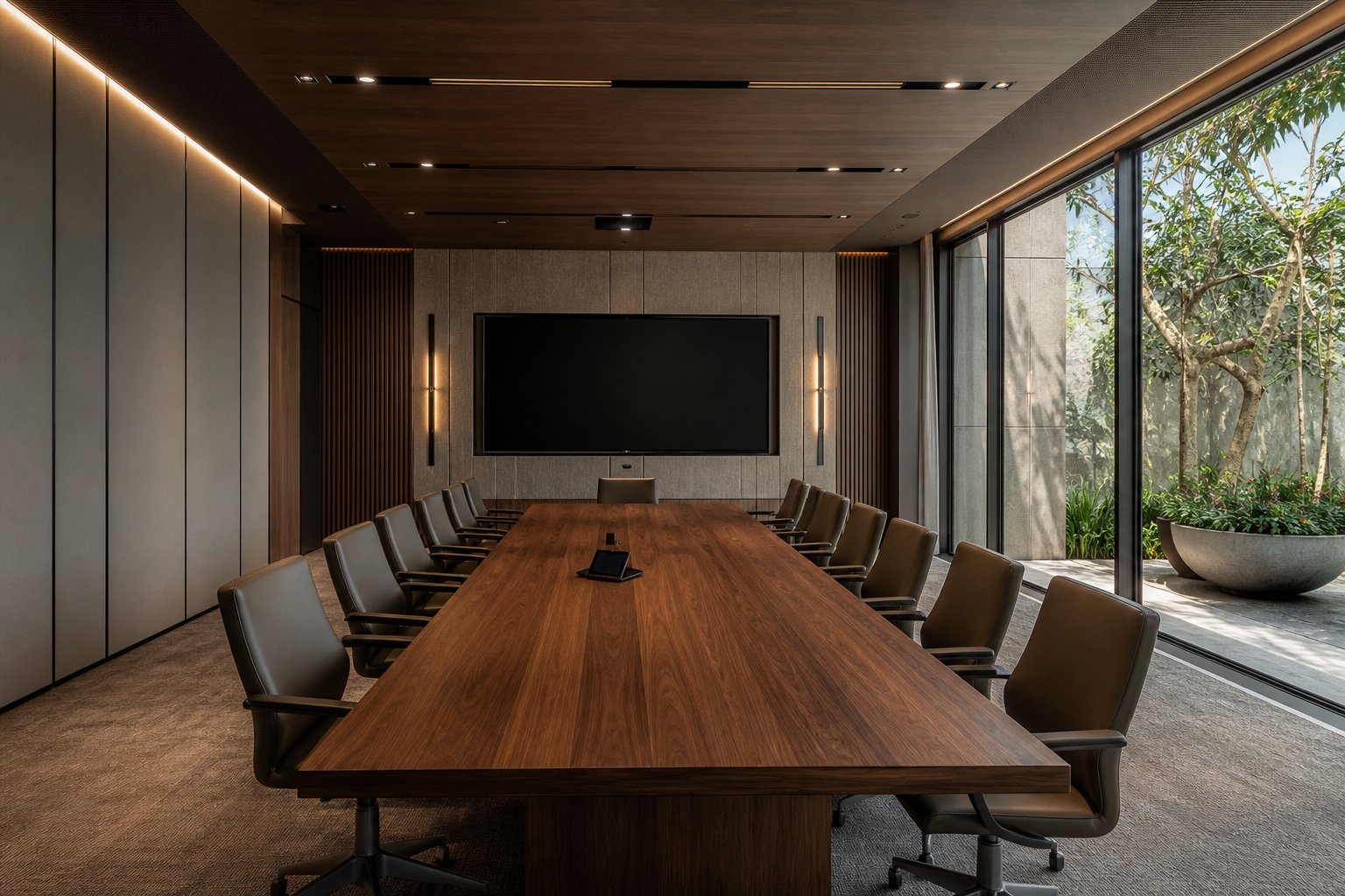Timber boardroom overlooking a garden in the office fit-out collection