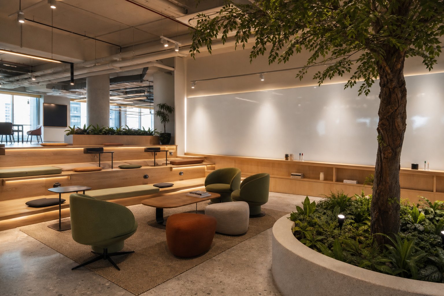 Informal collaboration lounge with tiered seating in the office fit-out collection
