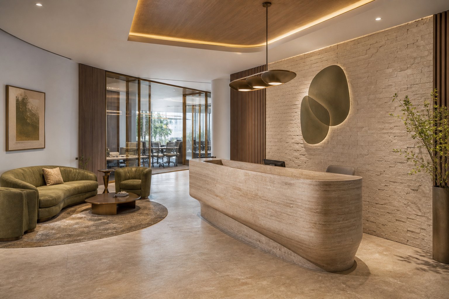 Sculpted stone reception and client waiting lounge in the office fit-out collection