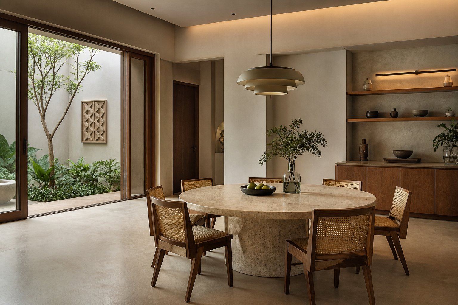 Family dining room opening to a planted courtyard in the residence collection