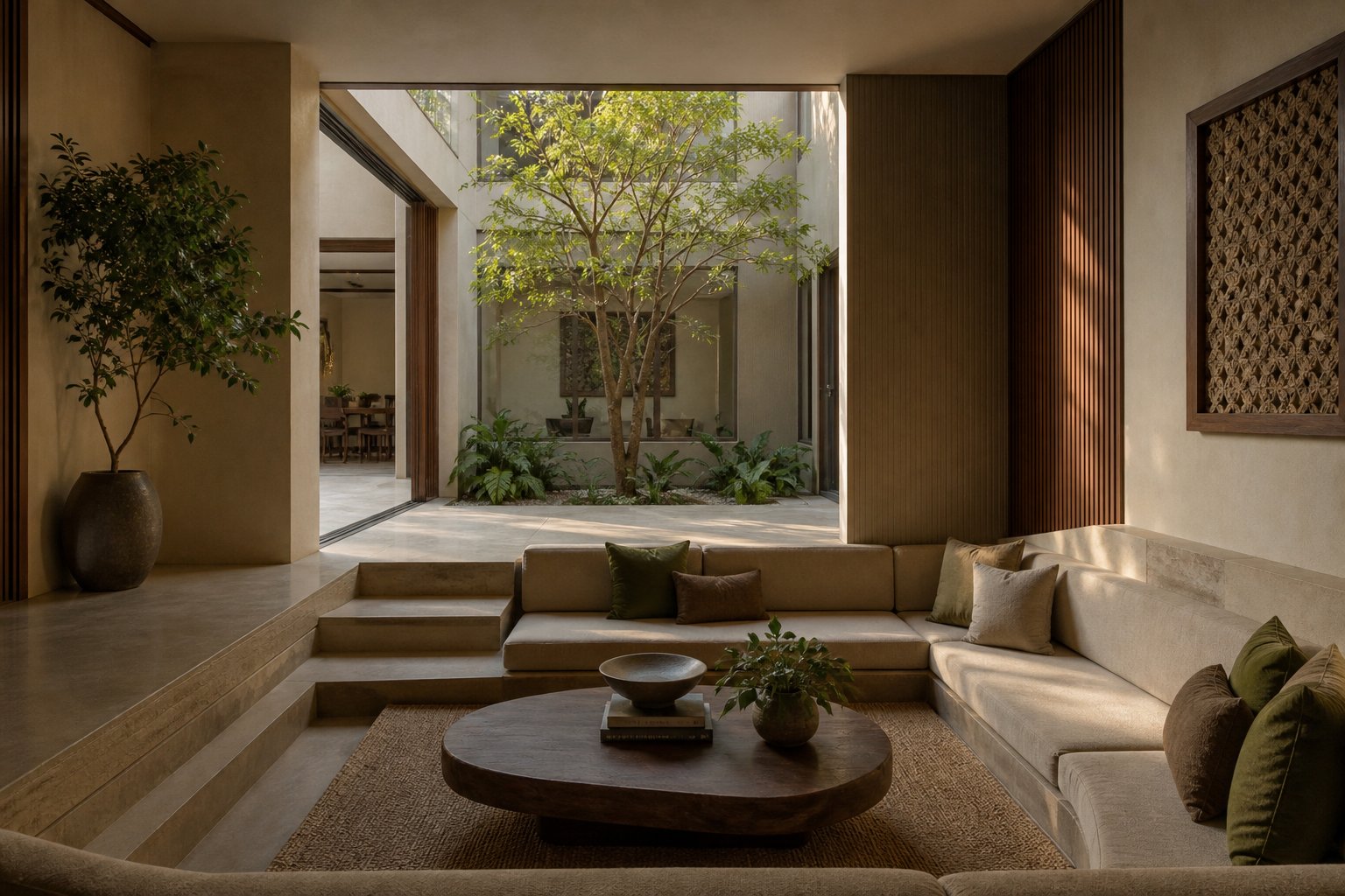 Sunken family lounge beside a planted courtyard in the residence collection