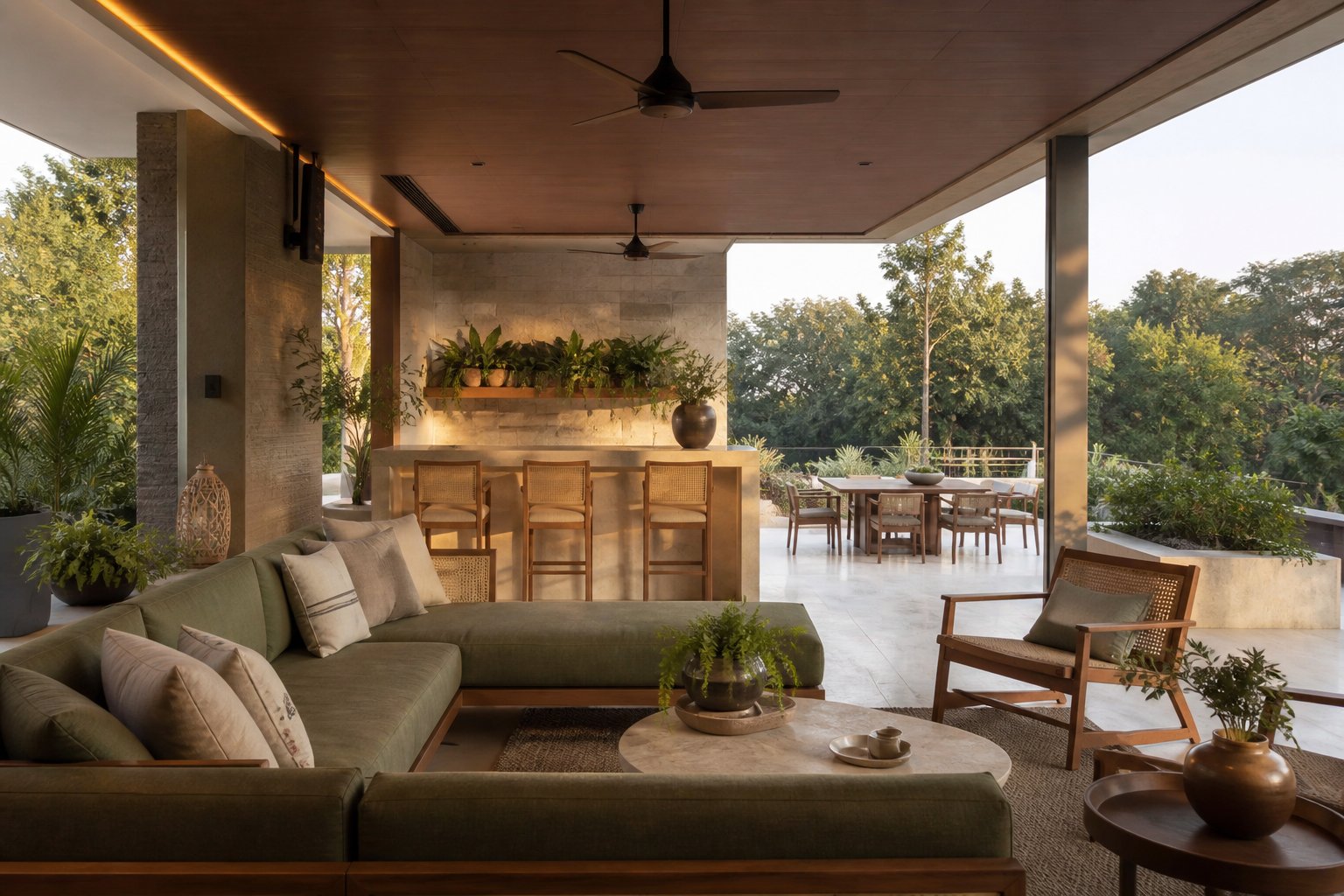 Covered terrace lounge for evening gatherings in the residence collection
