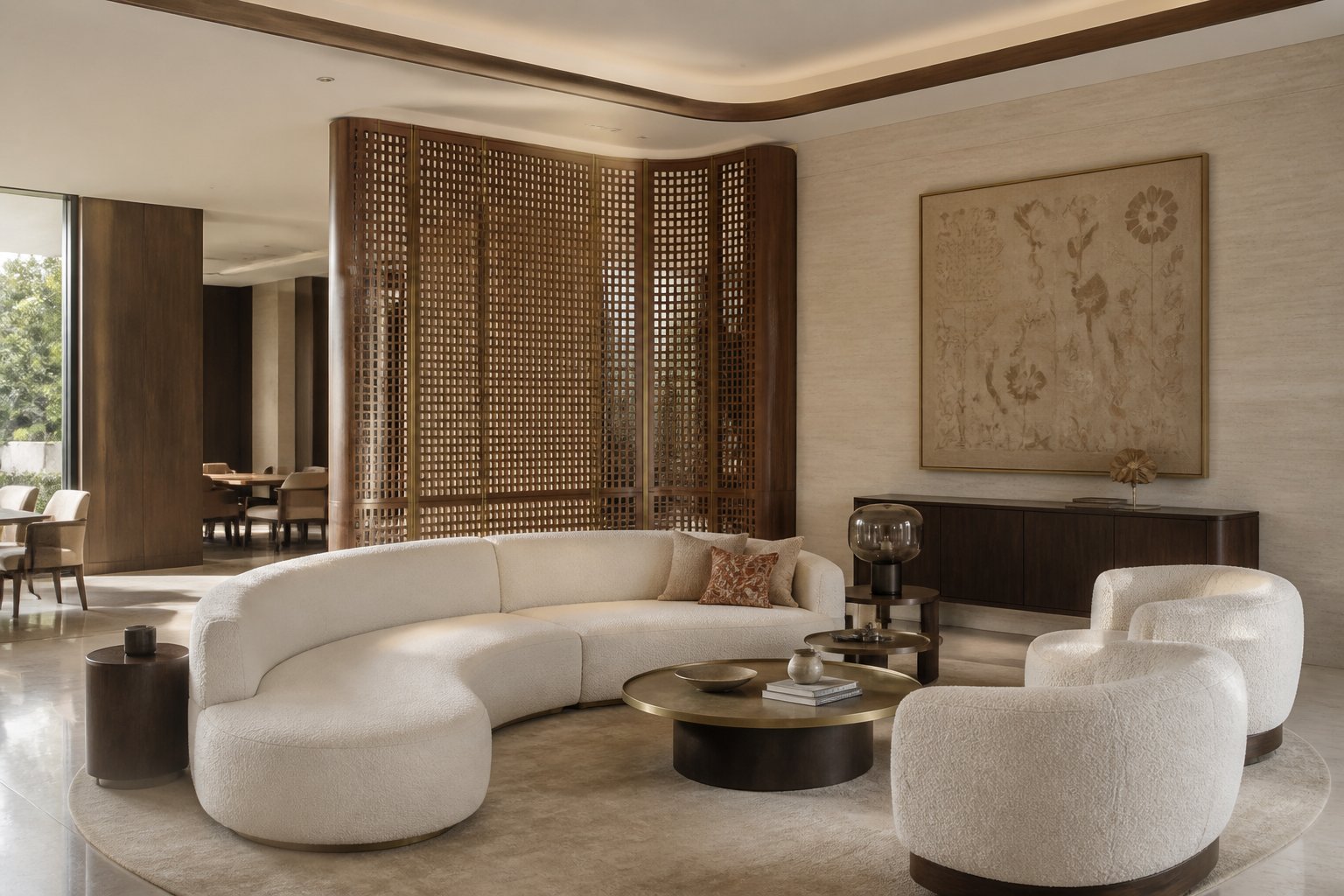 Formal living salon with a crafted jali screen in the residence collection