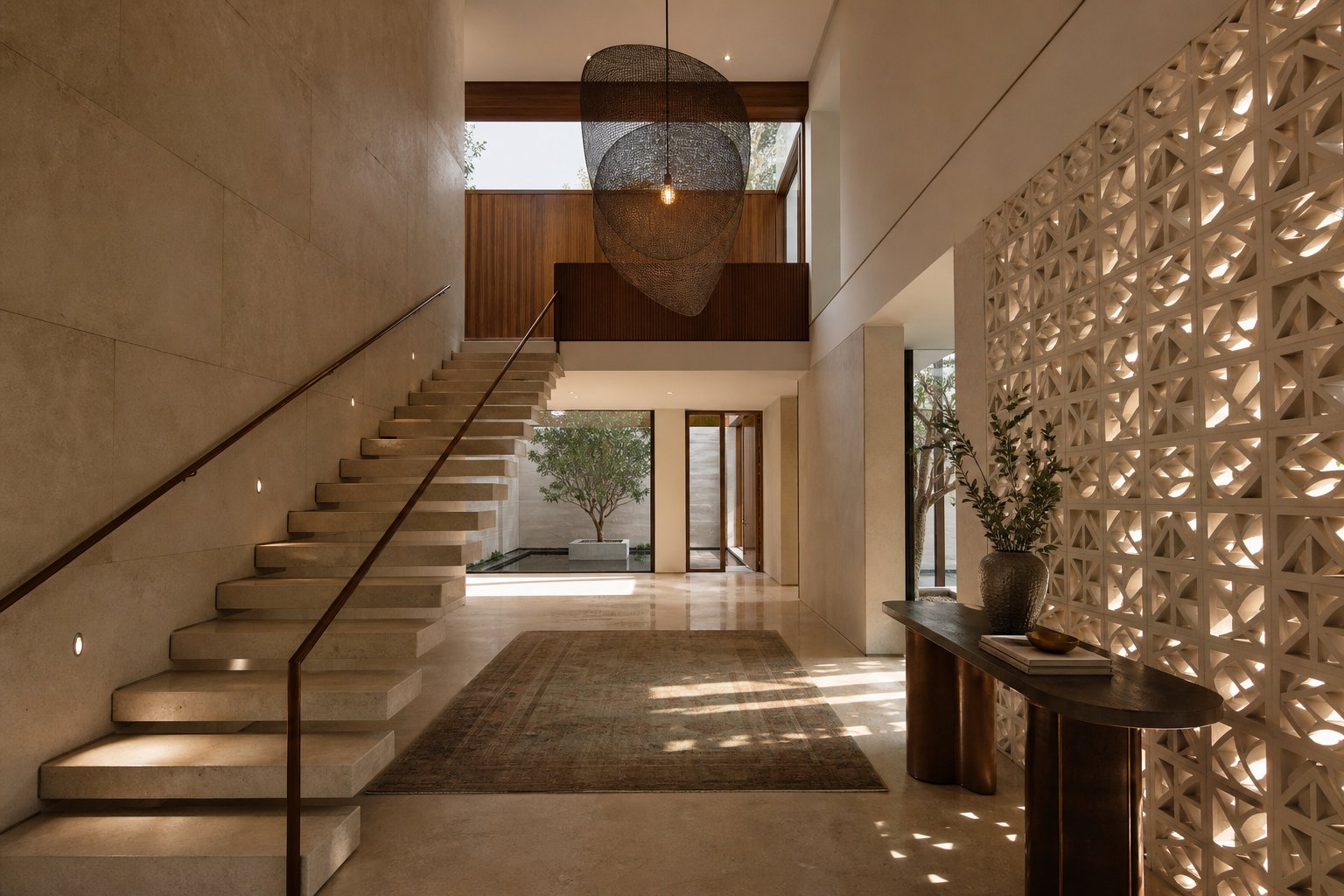 Entrance foyer with a floating stone staircase in the residence collection