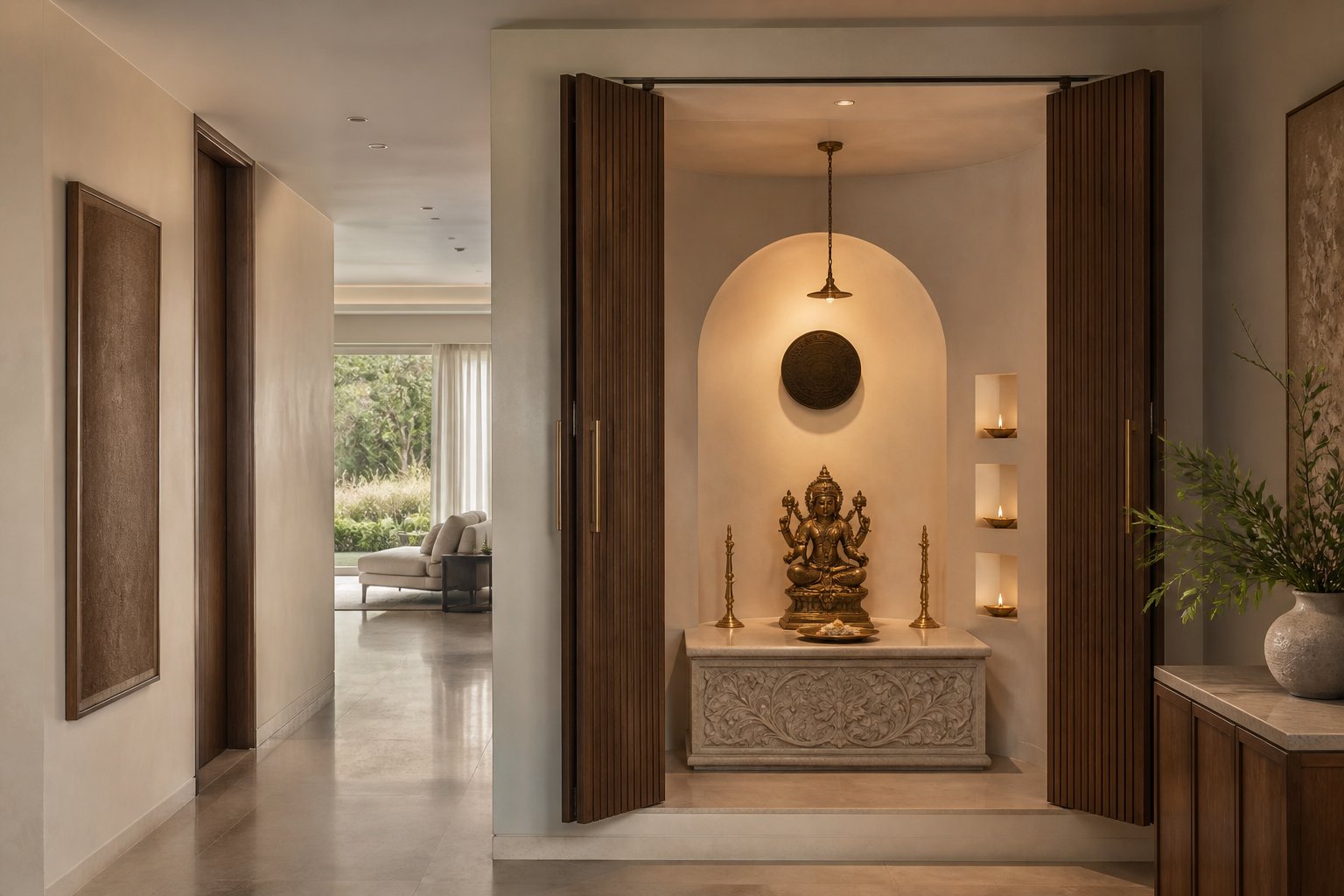 Contemporary pooja alcove with a carved stone plinth in the residence collection