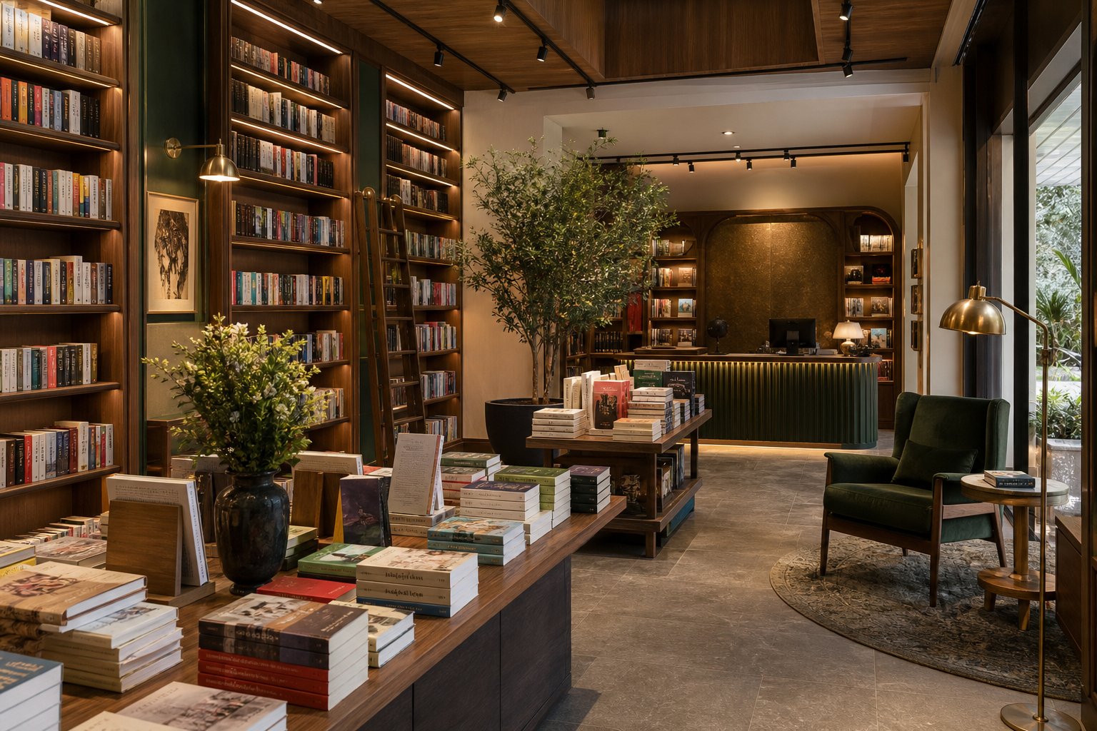 Independent bookstore with a reading corner in the retail collection