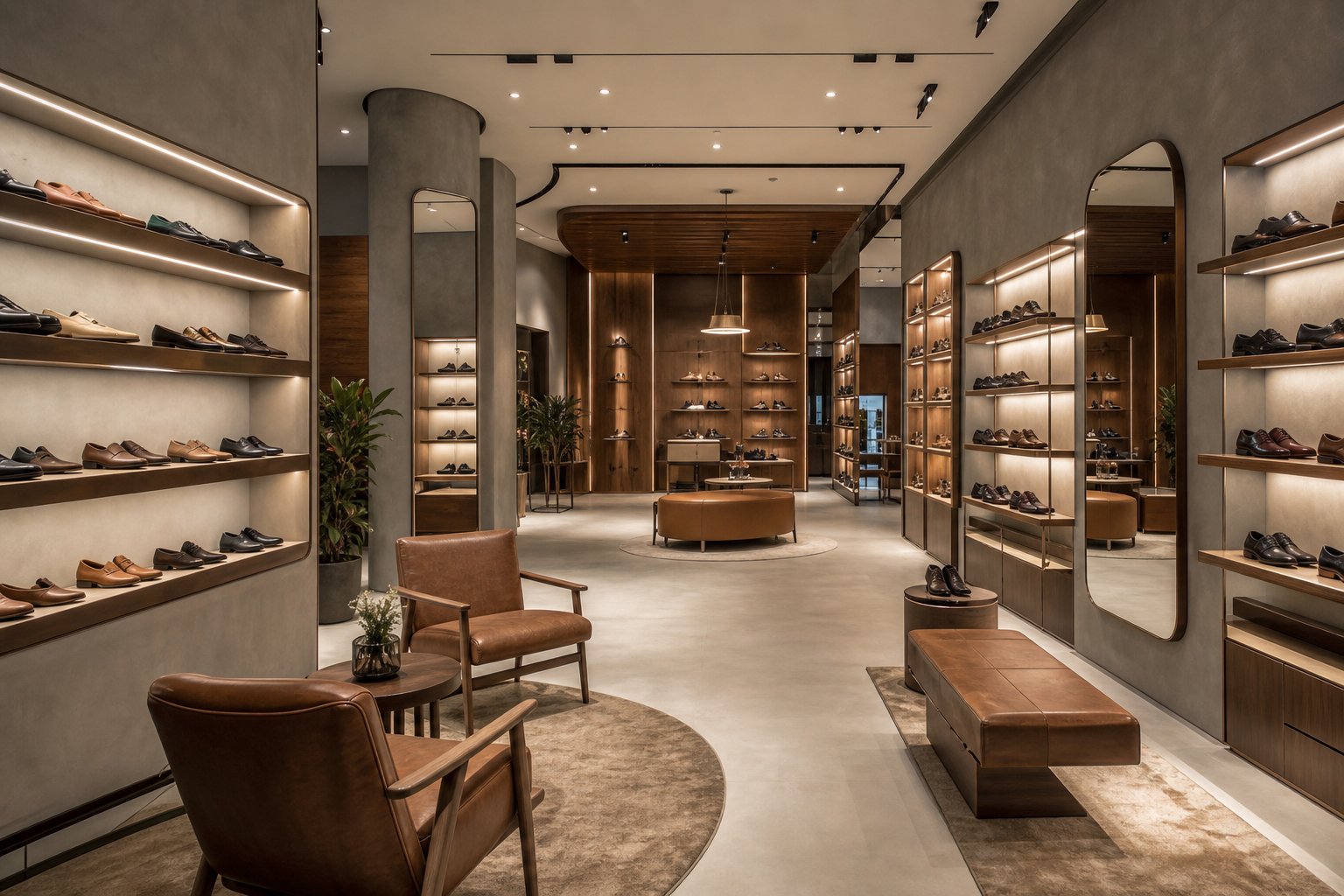 Refined footwear store with illuminated displays in the retail collection
