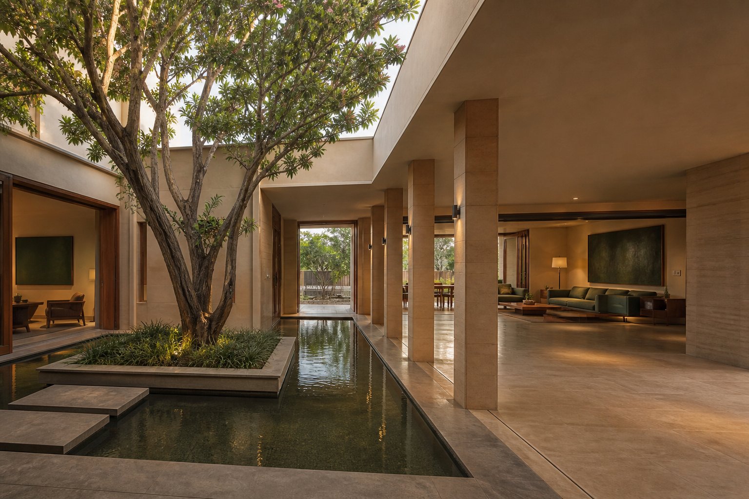 Central courtyard with a mature tree and reflecting pool in the villa collection