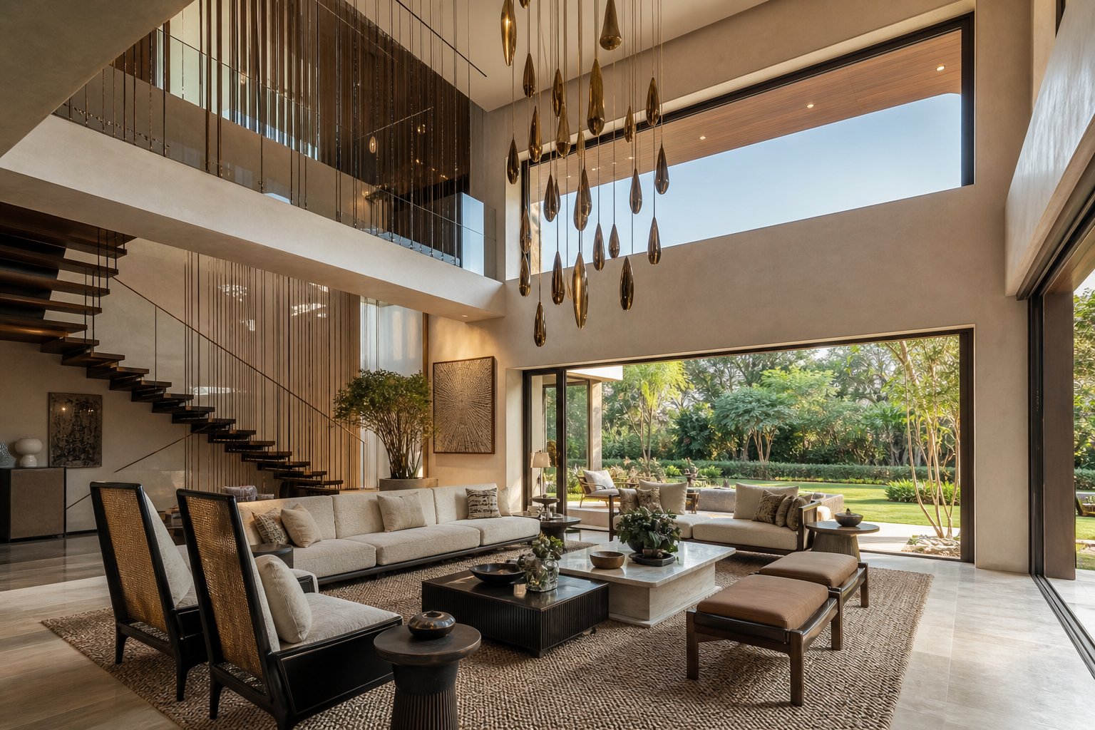 Double-height living room with a garden view in the villa collection
