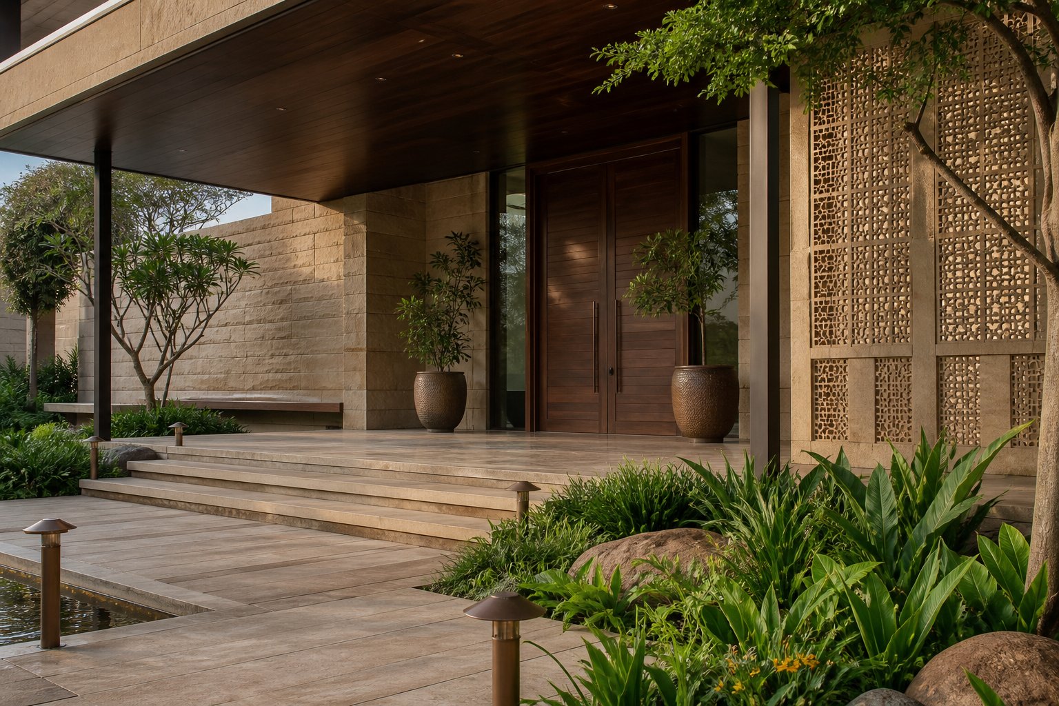 Entrance verandah with carved stone screens in the villa collection