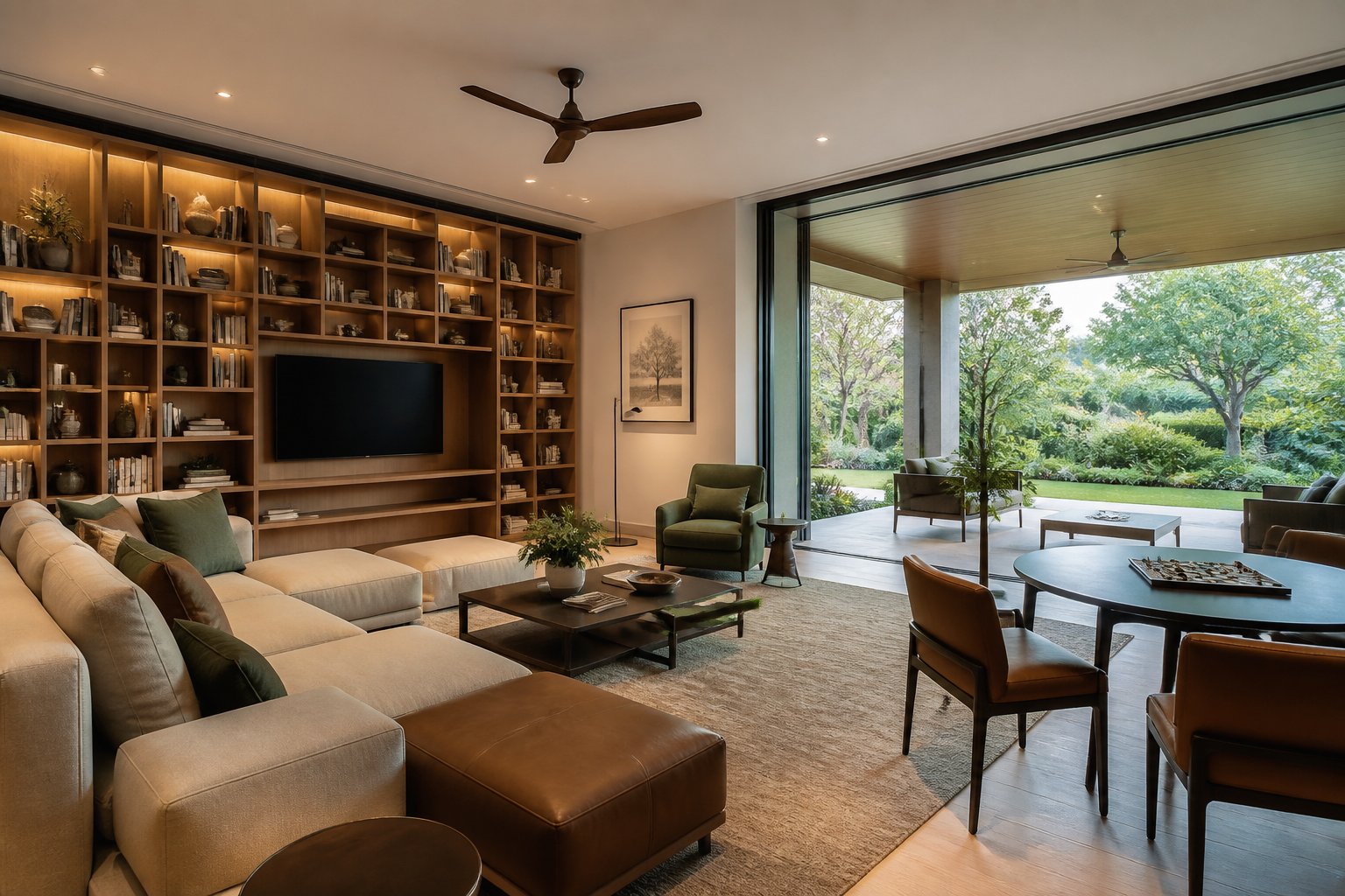 Family lounge opening to a garden verandah in the villa collection