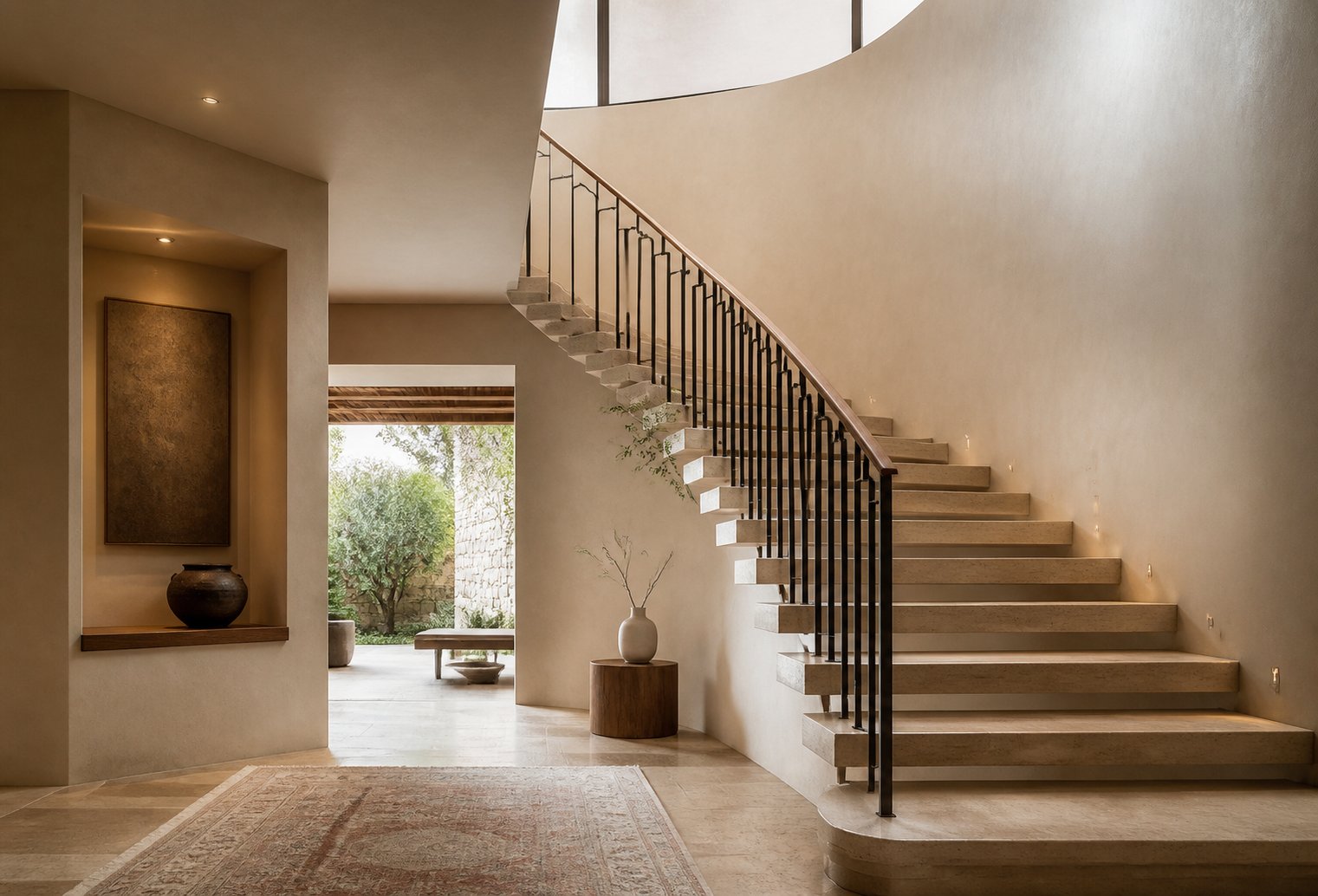 Skylit sculptural staircase hall in the villa collection